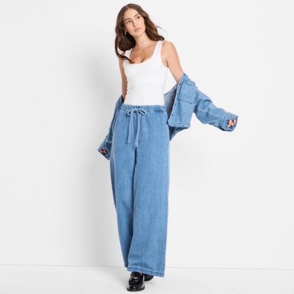 Future Collective Denim - Future Collective Mid Rise Wide Leg Denim Drawstring Pull On Pants, Size Medium